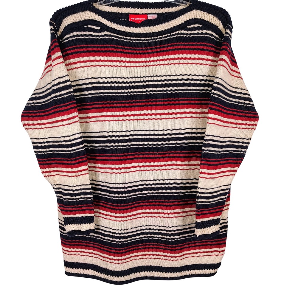 Liz Claiborne Womens L Striped Knit Sweater Multicolor Cotton Nautical Preppy